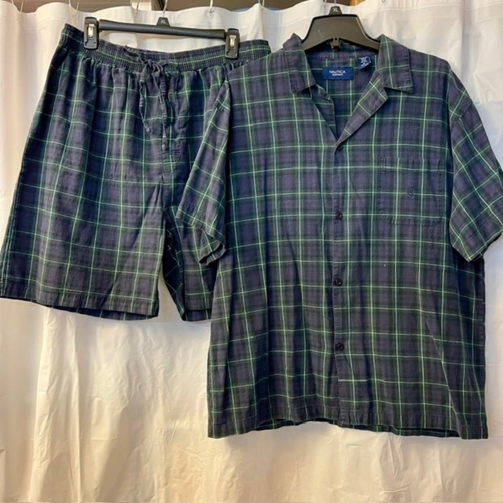 Nautica 90s Mens XL Pajama Set Plaid Cotton Short Sleeve Shirt Shorts Green Navy